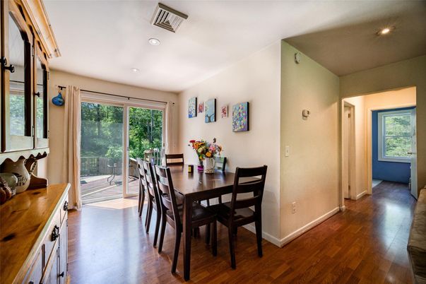 Dining room, Interior, Recessed Lighting, Wood Texture Flooring