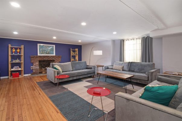 Fireplace, Interior, Living room, Recessed Lighting, Wood Texture Flooring