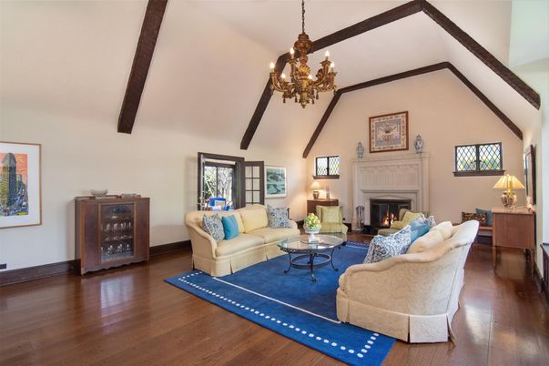 Chandelier, Fireplace, Interior, Living room, Wooden Beams, Wood Texture Flooring
