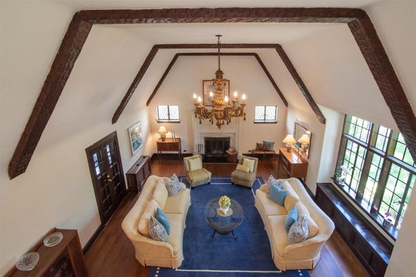 Chandelier, Fireplace, Interior, Living room, Wooden Beams, Wood Texture Flooring