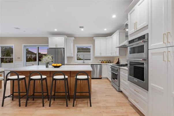 Interior, Kitchen, Recessed Lighting, Stainless Steel Appliances, Wood Texture Flooring
