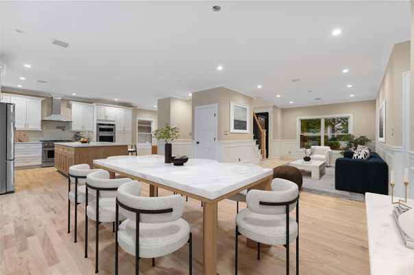 Dining room, Interior, Kitchen, Living room, Recessed Lighting, Stainless Steel Appliances, Wood Texture Flooring