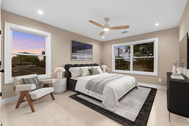 Bedroom, Interior, Recessed Lighting, Wood Texture Flooring