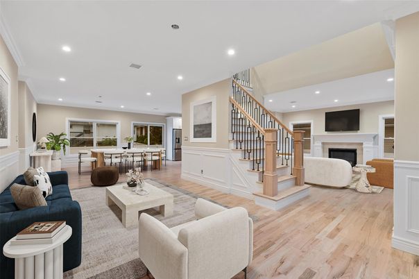 Dining room, Fireplace, Interior, Living room, Recessed Lighting, Wood Texture Flooring