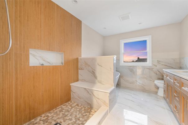 Bathroom, Interior, Marble, Marble Walls, Recessed Lighting, Wooden Walls