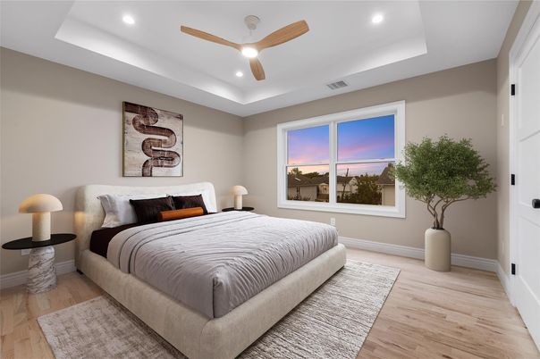 Bedroom, Interior, Recessed Lighting, Wood Texture Flooring