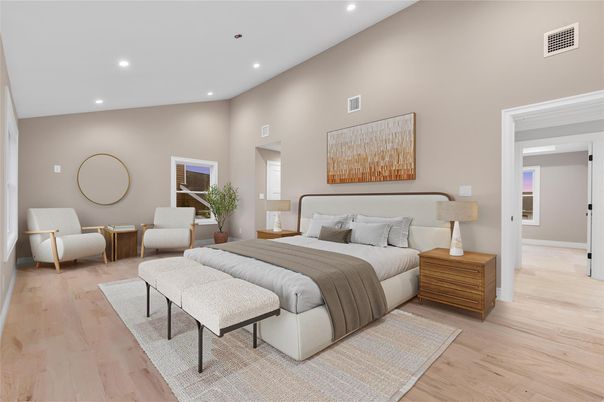 Bedroom, Interior, Recessed Lighting, Wood Texture Flooring
