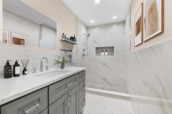 Bathroom, Glass Shower, Interior, Marble, Marble Walls, Recessed Lighting