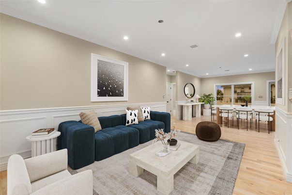 Dining room, Interior, Living room, Recessed Lighting, Wood Texture Flooring
