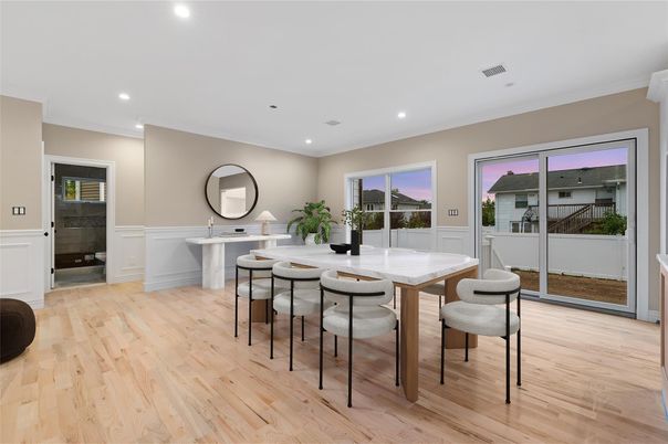 Dining room, Interior, Recessed Lighting, Wood Texture Flooring