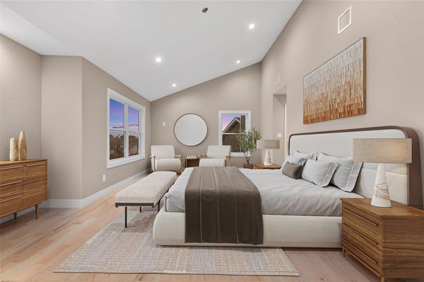 Bedroom, Interior, Recessed Lighting, Wood Texture Flooring
