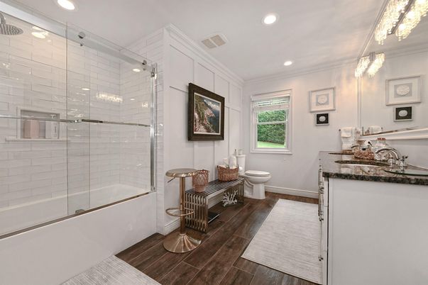 Bathroom, Glass Shower, Interior, Recessed Lighting, Wood Texture Flooring