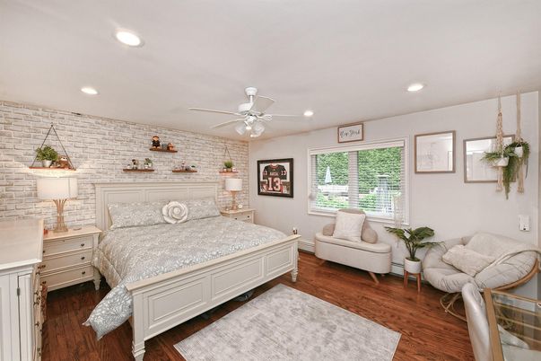 Bedroom, Interior, Recessed Lighting, Stone Walls, Wood Texture Flooring