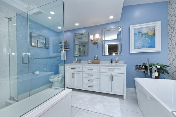Bathroom, Dual Sink Vanities, Glass Shower, Interior, Marble, Marble Walls, Recessed Lighting