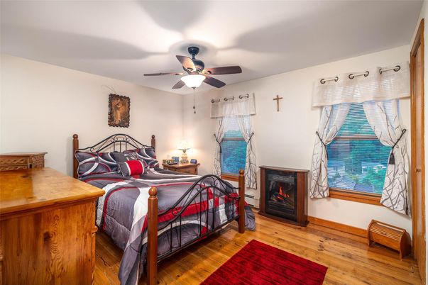 Bedroom, Fireplace, Interior, Wood Texture Flooring