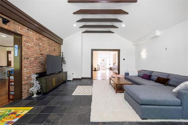 Interior, Living room, Recessed Lighting, Stone Walls, Wooden Beams, Wood Texture Flooring