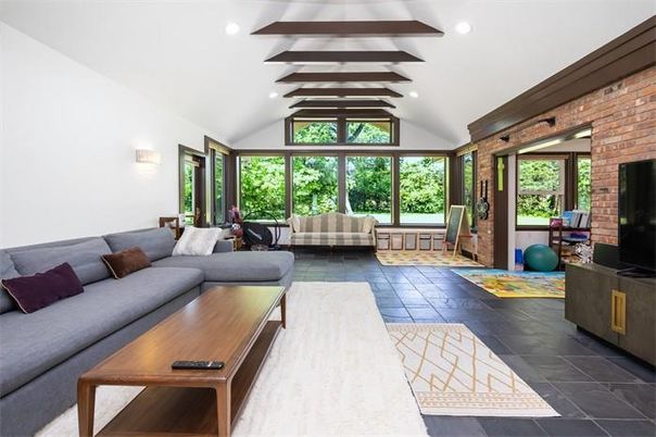 Interior, Living room, Recessed Lighting, Stone Walls, Wooden Beams