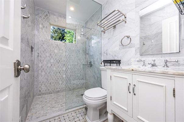 Bathroom, Glass Shower, Interior, Marble Walls, Recessed Lighting