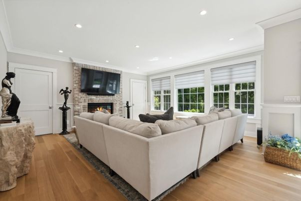 Fireplace, Interior, Living room, Recessed Lighting, Wood Texture Flooring