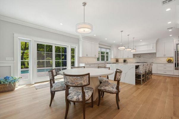 Interior, Kitchen, Marble Walls, Pendant Lights, Recessed Lighting, Wood Texture Flooring