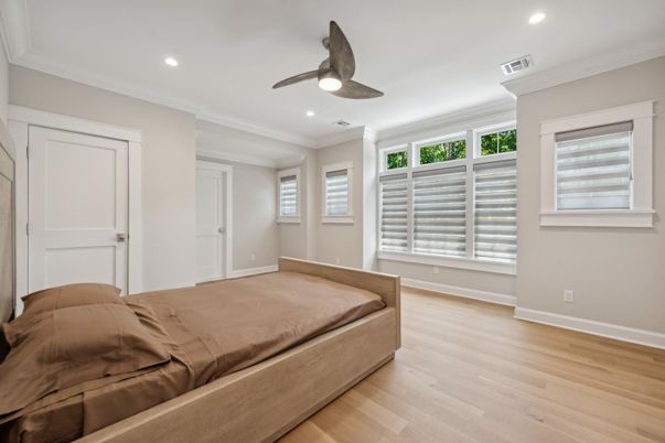 Bedroom, Interior, Recessed Lighting, Wood Texture Flooring