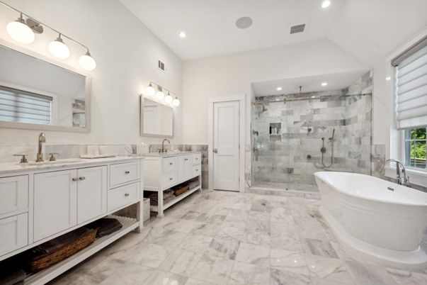 Bathroom, Dual Sink Vanities, Free Standing Baths, Glass Shower, Interior, Marble, Recessed Lighting