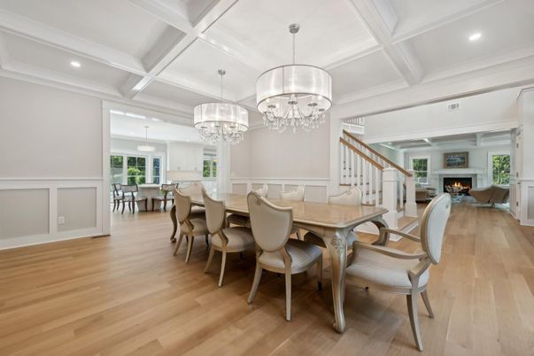 Chandelier, Dining room, Fireplace, Interior, Pendant Lights, Recessed Lighting, Wood Texture Flooring