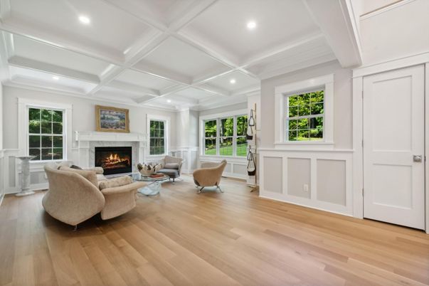 Fireplace, Interior, Living room, Recessed Lighting, Wood Texture Flooring