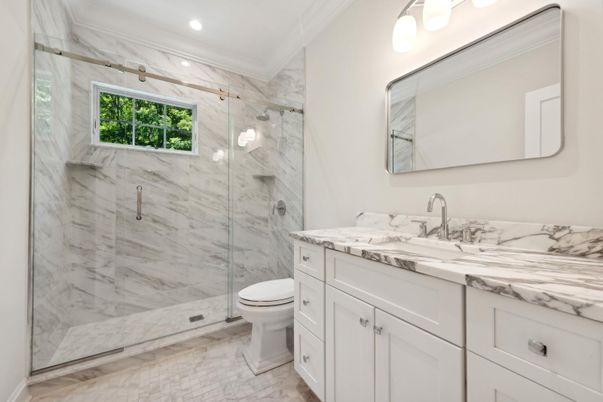 Bathroom, Glass Shower, Interior, Marble Walls, Recessed Lighting