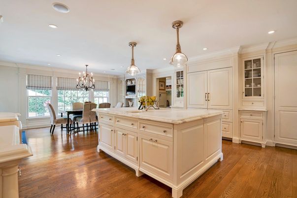 Chandelier, Dining room, Fireplace, Interior, Kitchen, Recessed Lighting, Wood Texture Flooring