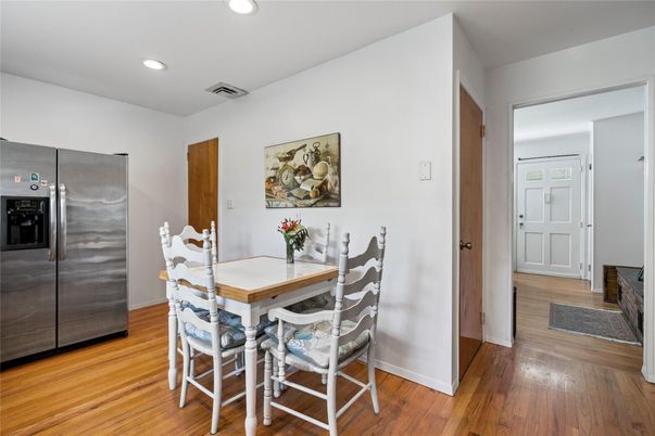 Dining room, Interior, Recessed Lighting, Stainless Steel Appliances, Wood Texture Flooring