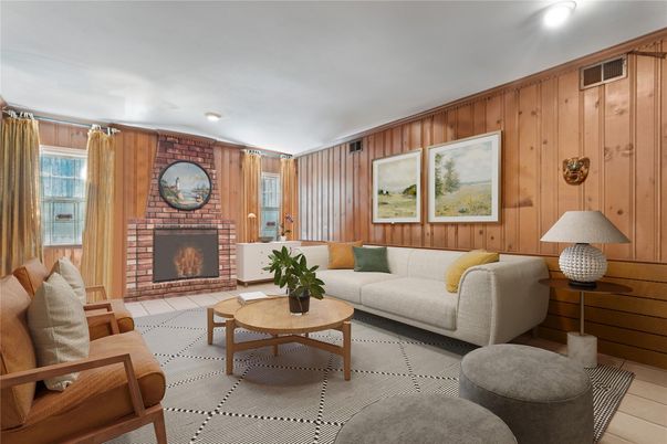 Fireplace, Interior, Living room, Recessed Lighting, Stone Walls, Wooden Walls