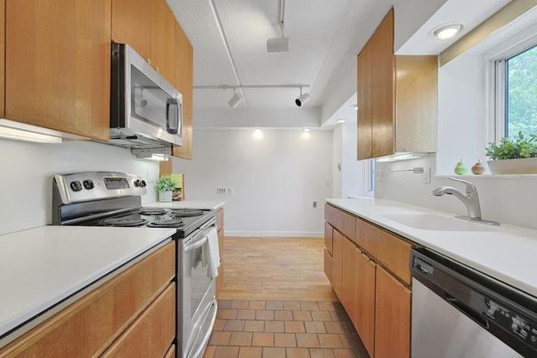 Interior, Kitchen, Recessed Lighting, Stainless Steel Appliances, Wood Texture Flooring
