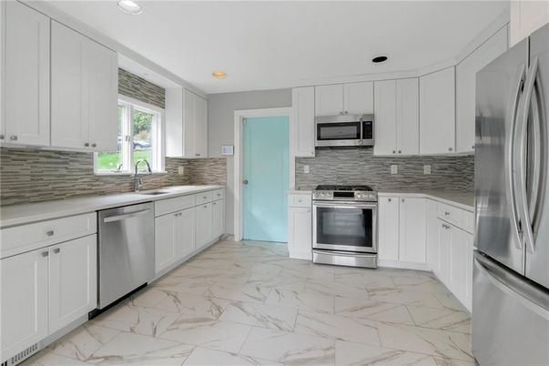 Interior, Kitchen, Marble, Recessed Lighting, Stainless Steel Appliances