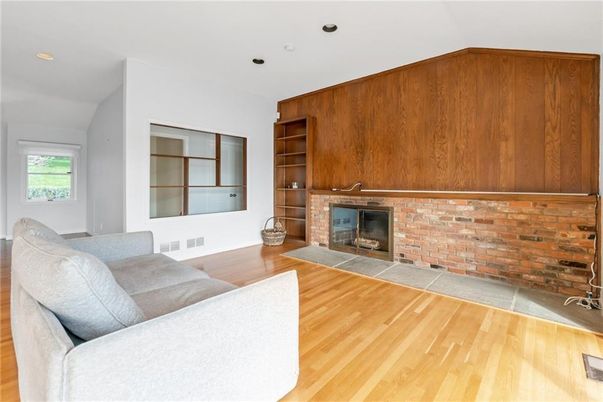 Fireplace, Interior, Recessed Lighting, Wood Texture Flooring, Wooden Walls