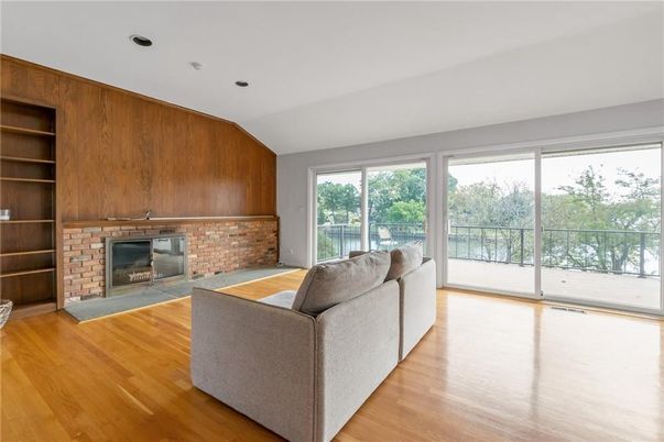 Fireplace, Interior, Recessed Lighting, Wood Texture Flooring, Wooden Walls