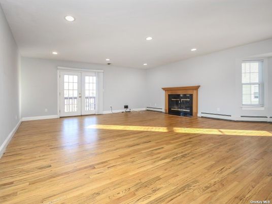 Empty room, Fireplace, Interior, Recessed Lighting, Wood Texture Flooring