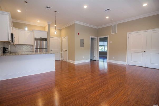 Empty room, Interior, Kitchen, Pendant Lights, Recessed Lighting, Stainless Steel Appliances, Wood Texture Flooring