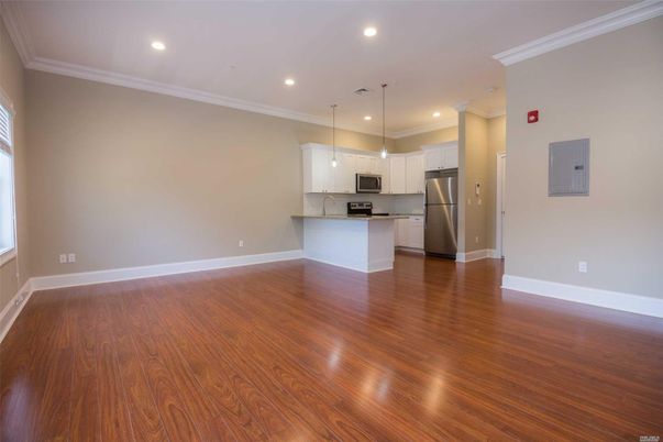 Empty room, Interior, Kitchen, Pendant Lights, Recessed Lighting, Stainless Steel Appliances, Wood Texture Flooring