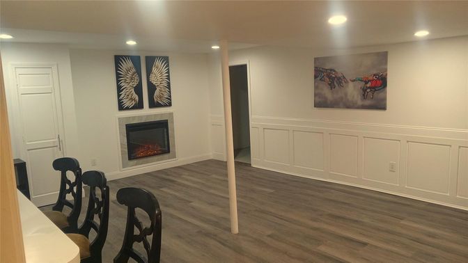 Fireplace, Interior, Recessed Lighting, Wood Texture Flooring