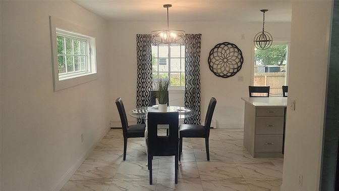 Dining room, Interior, Marble, Pendant Lights