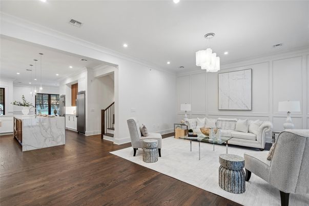 Interior, Kitchen, Living room, Pendant Lights, Recessed Lighting, Wood Texture Flooring