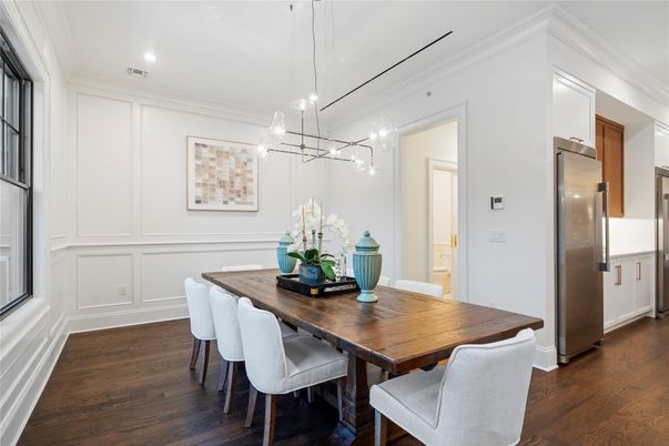 Dining room, Interior, Pendant Lights, Recessed Lighting, Stainless Steel Appliances, Wood Texture Flooring