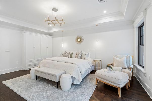 Bedroom, Interior, Pendant Lights, Recessed Lighting, Wood Texture Flooring