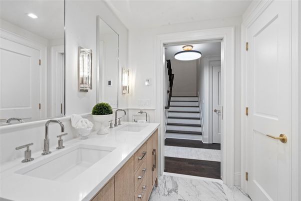 Bathroom, Dual Sink Vanities, Interior, Marble, Recessed Lighting