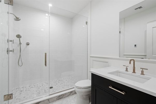 Bathroom, Glass Shower, Interior, Marble, Recessed Lighting