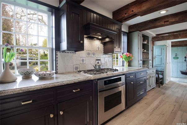 Interior, Kitchen, Recessed Lighting, Stainless Steel Appliances, Wooden Beams, Wood Texture Flooring