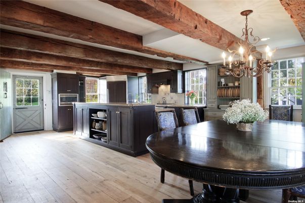 Chandelier, Dining room, Interior, Kitchen, Wooden Beams, Wood Texture Flooring