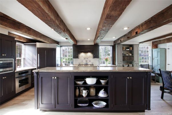 Interior, Kitchen, Recessed Lighting, Stainless Steel Appliances, Wooden Beams, Wood Texture Flooring