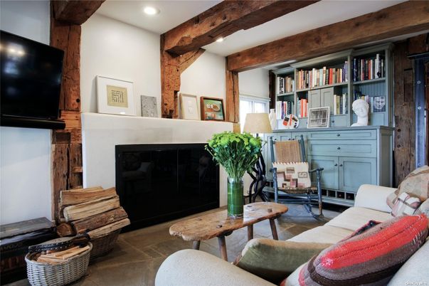Fireplace, Interior, Living room, Recessed Lighting, Wooden Beams